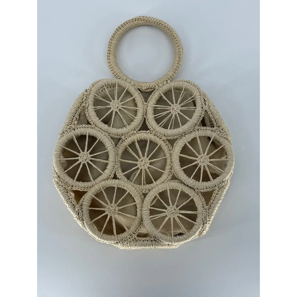 Woven Straw Circle Wheel Tote Bag Beige Raffia Summer Beach Handbag Boho Beach